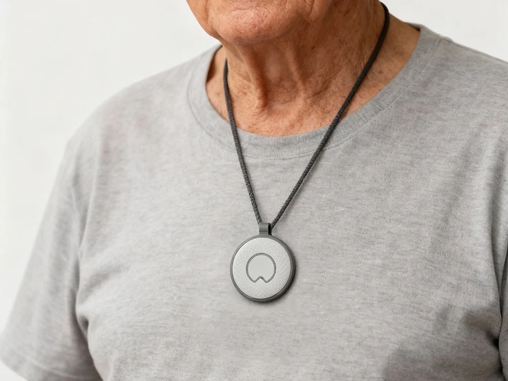 An older man wearing the Pulse Companion in its pendant carrier on a cord