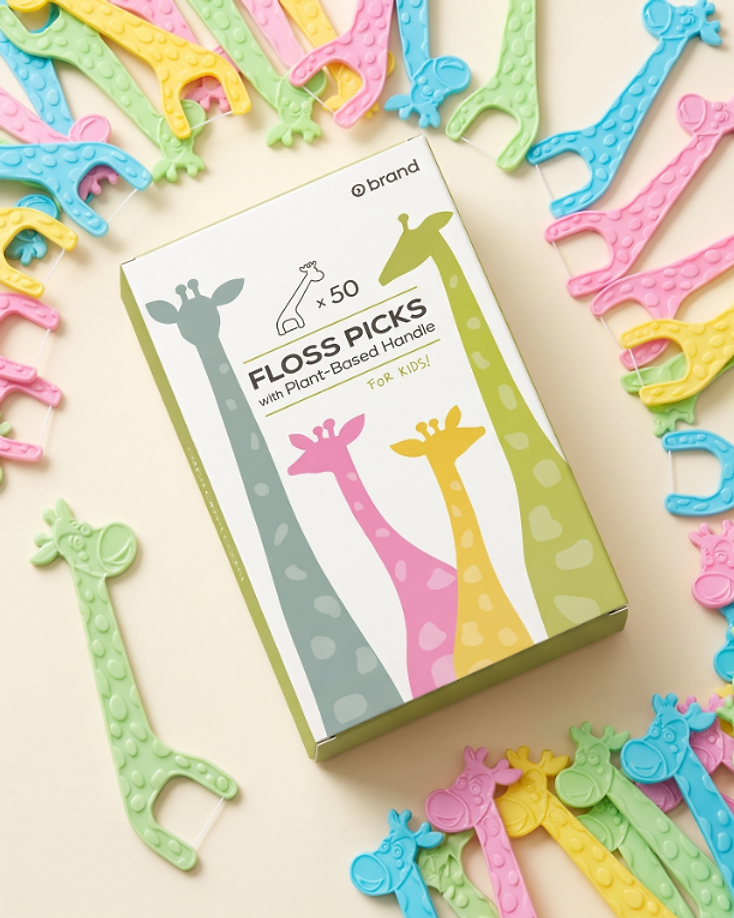 Kids Floss Picks with colorful giraffe-shaped handles