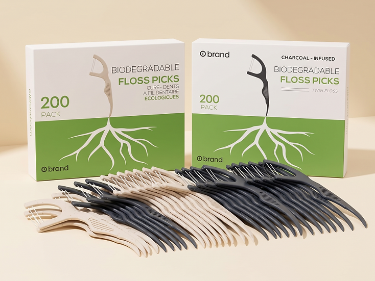 Biodegradable Floss Picks 200-pack in Natural and Charcoal