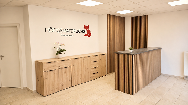 Empfangsbereich von Hörgeräte Fuchs in Traunreut mit Logo-Wand, Empfangstheke und Holzvertäfelung
