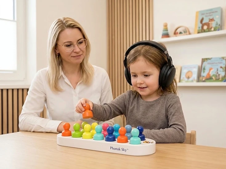 Kind mit Kopfhörern beim kindlichen Hör- und Spielfitting in der Praxis