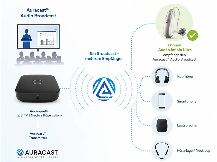 Platzhalter: Kompatibles Hörsystem empfängt einen Auracast-Audiobroadcast