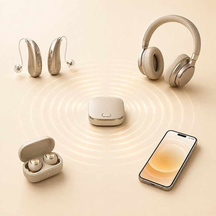 Areal Broadcast by FUCHS: zentraler Auracast-Sender mit umgebenden Hörsystemen, Kopfhörern, Earbuds und Smartphone
