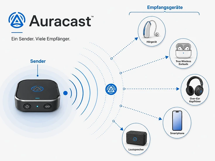 Platzhalter: Technische Auracast-Illustration mit einem Sender, abstrahierten Funkwellen und mehreren Empfangsgeräten