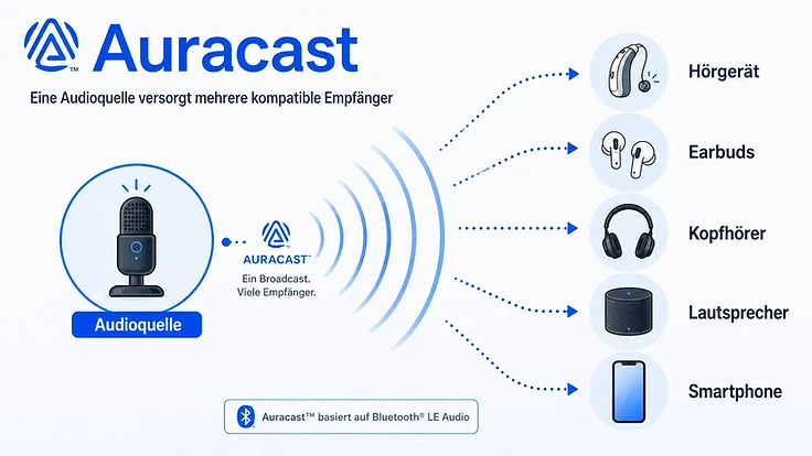 Platzhalter: Schematische Darstellung – eine Audioquelle versorgt mehrere kompatible Empfänger