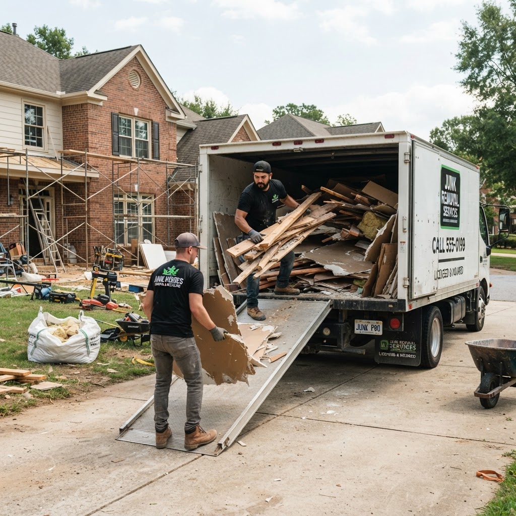 Workers loading lumber and drywall into the Studley truck
