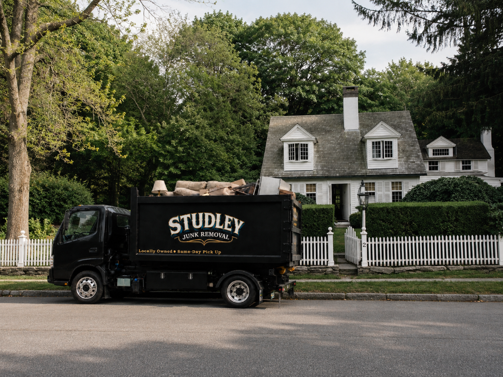 Studley Junk Removal truck loaded with junk parked in front of a home