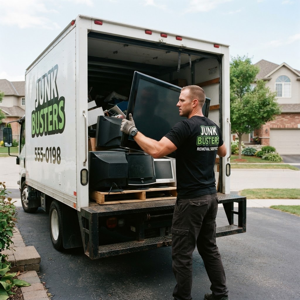 Worker loading TVs and monitors into the Studley truck