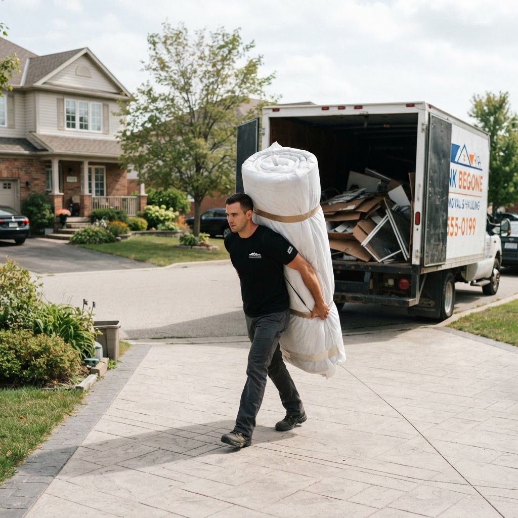 Worker carrying a rolled mattress to the Studley truck