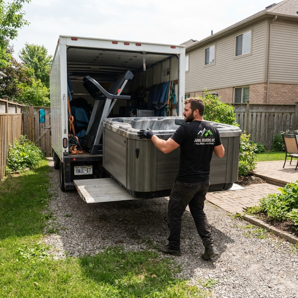 Worker loading a hot tub and treadmill onto the Studley truck