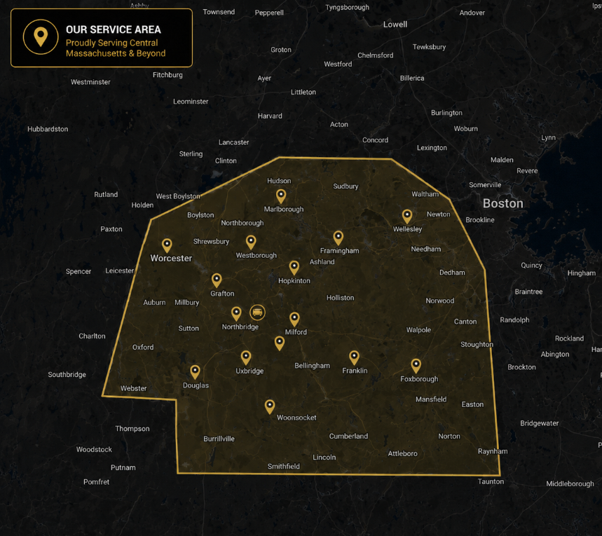 Map showing Studley Junk Removal service area across Central Massachusetts