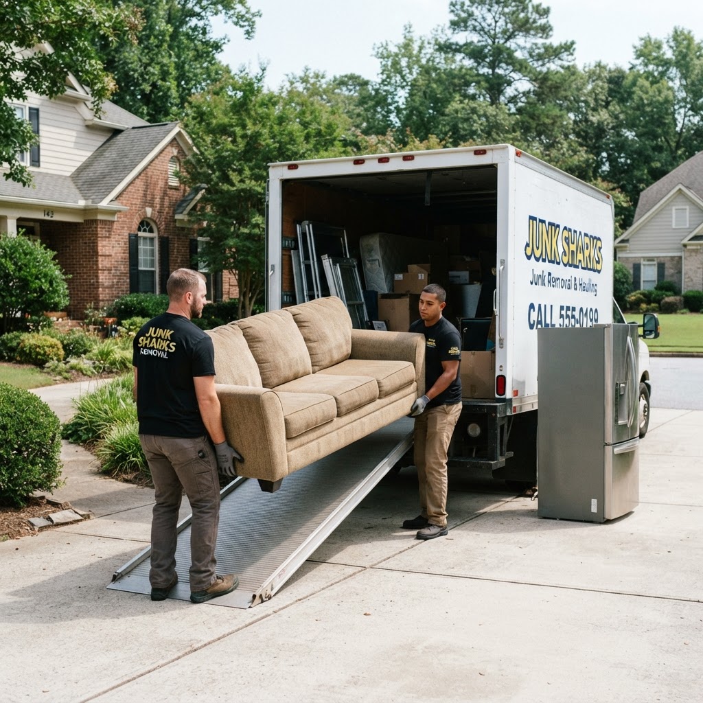 Workers loading a couch and refrigerator into the Studley truck