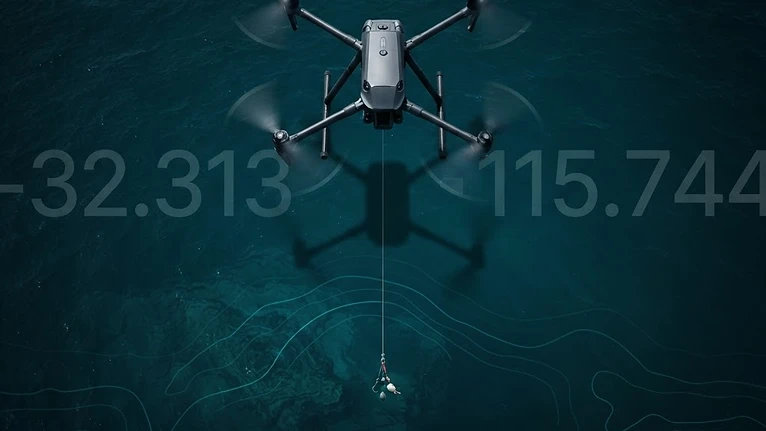Top-down drone over dark water with drop HUD
