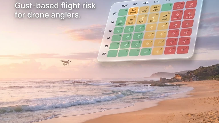 Drone fishing flight-risk forecast over a dawn beach