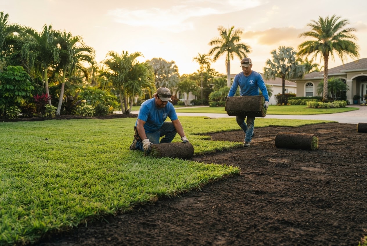 Fresh sod installation on prepared soil for lawn replacement in West Palm Beach Florida