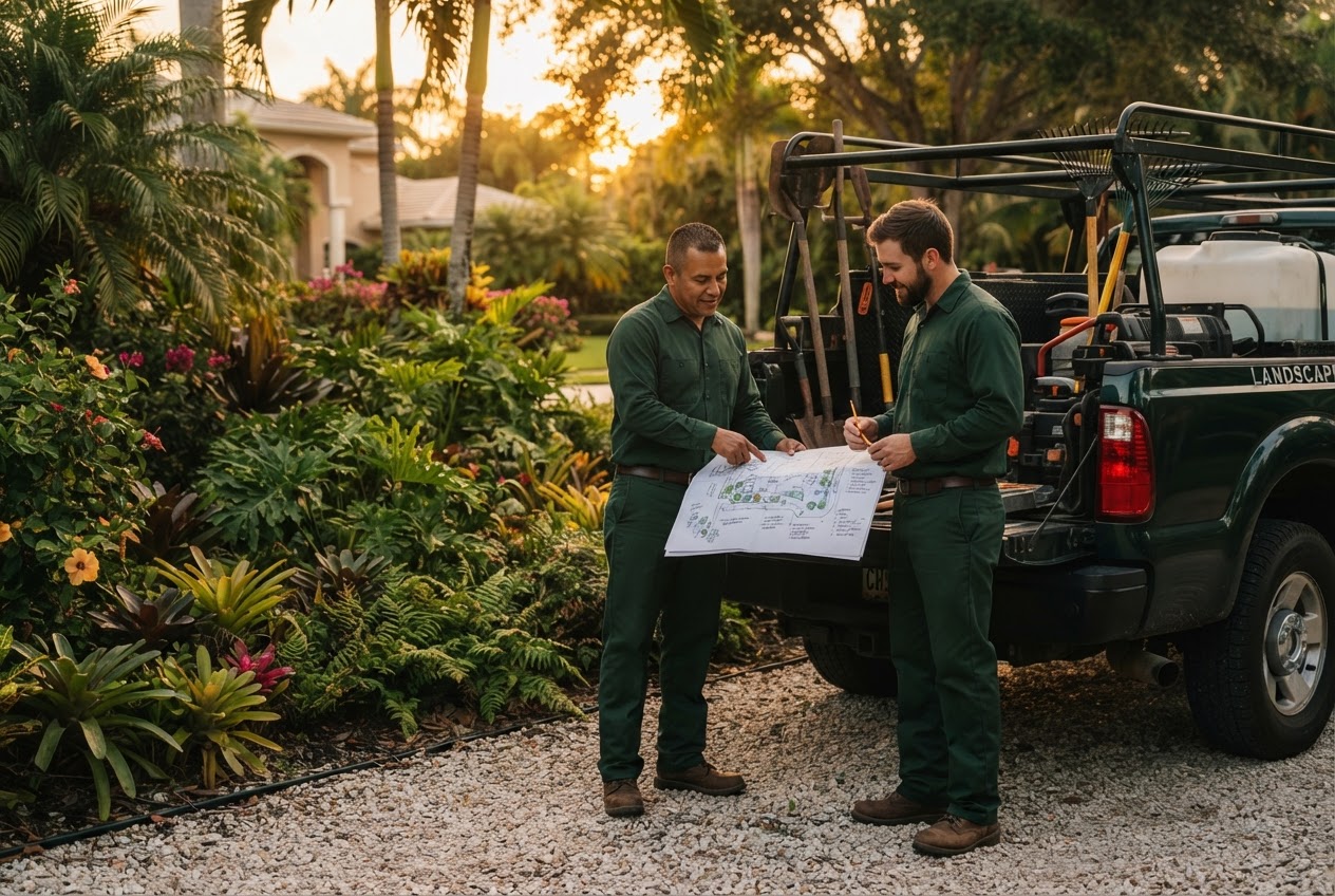 Pinos Landscape family team examining a garden plan beside their truck in West Palm Beach FL
