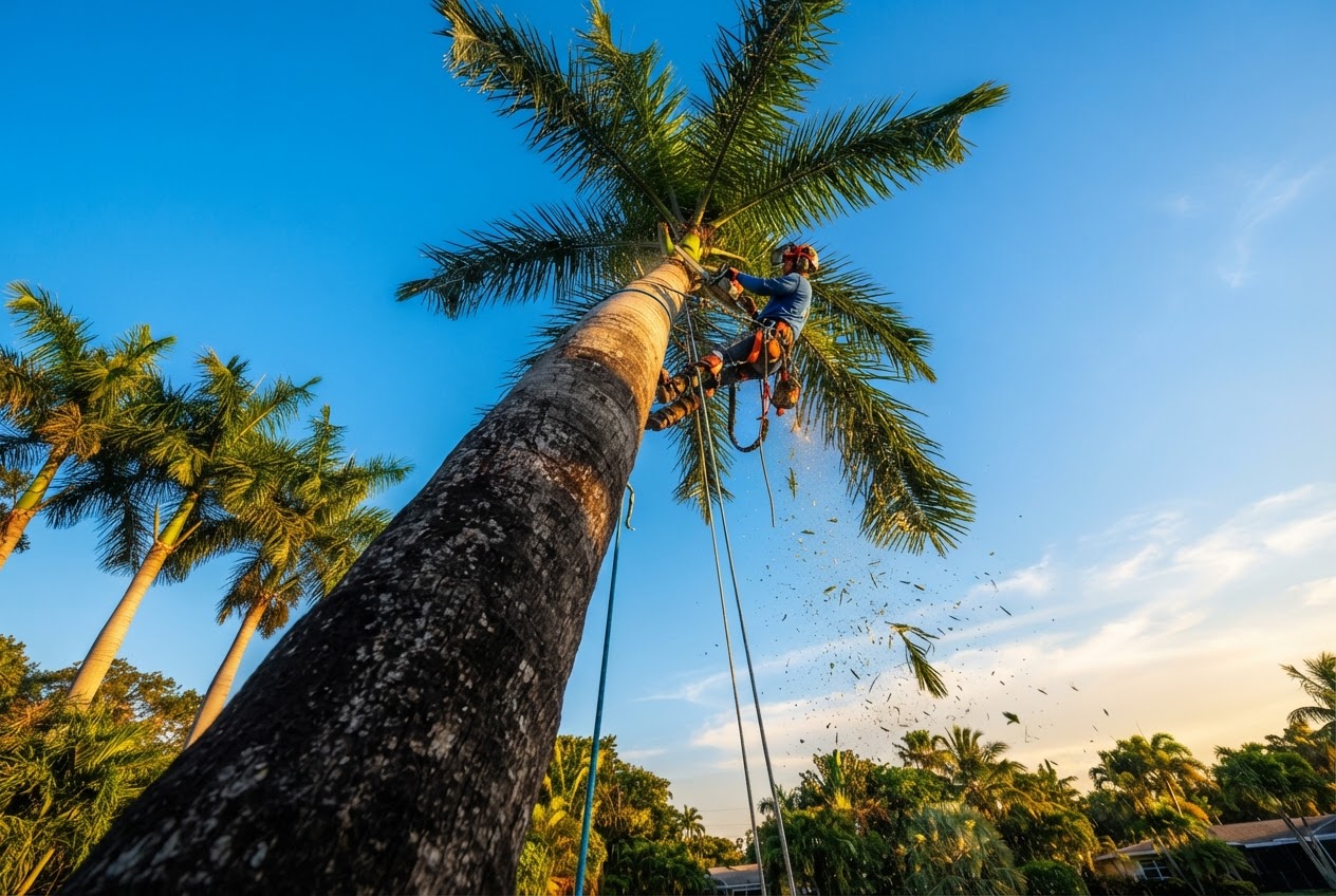 Professional palm tree trimming against blue sky in South Florida by Pinos Landscape