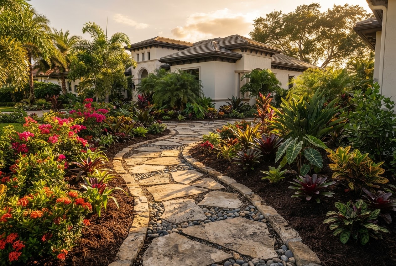 Tropical landscape installation with plants, mulch beds, and hardscape accents in West Palm Beach FL
