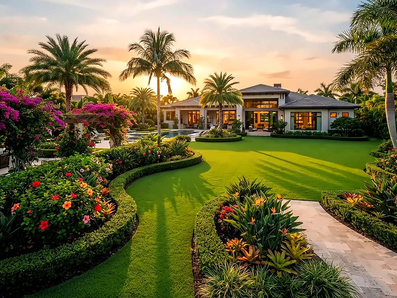 Manicured estate lawn with garden beds and palm trees at golden hour in West Palm Beach, Florida by Pinos Landscape
