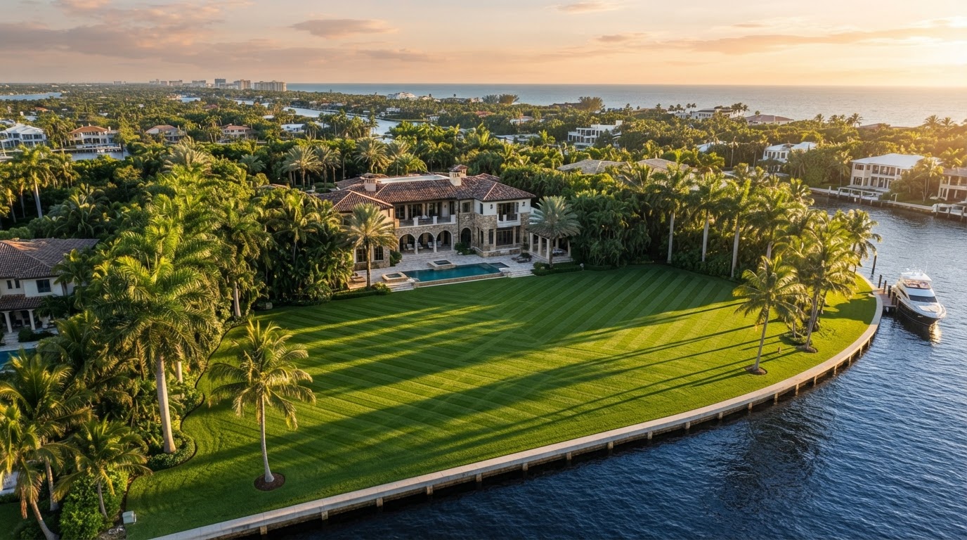 Aerial view of manicured estate lawn with mowing stripes in West Palm Beach Florida by Pinos Landscape