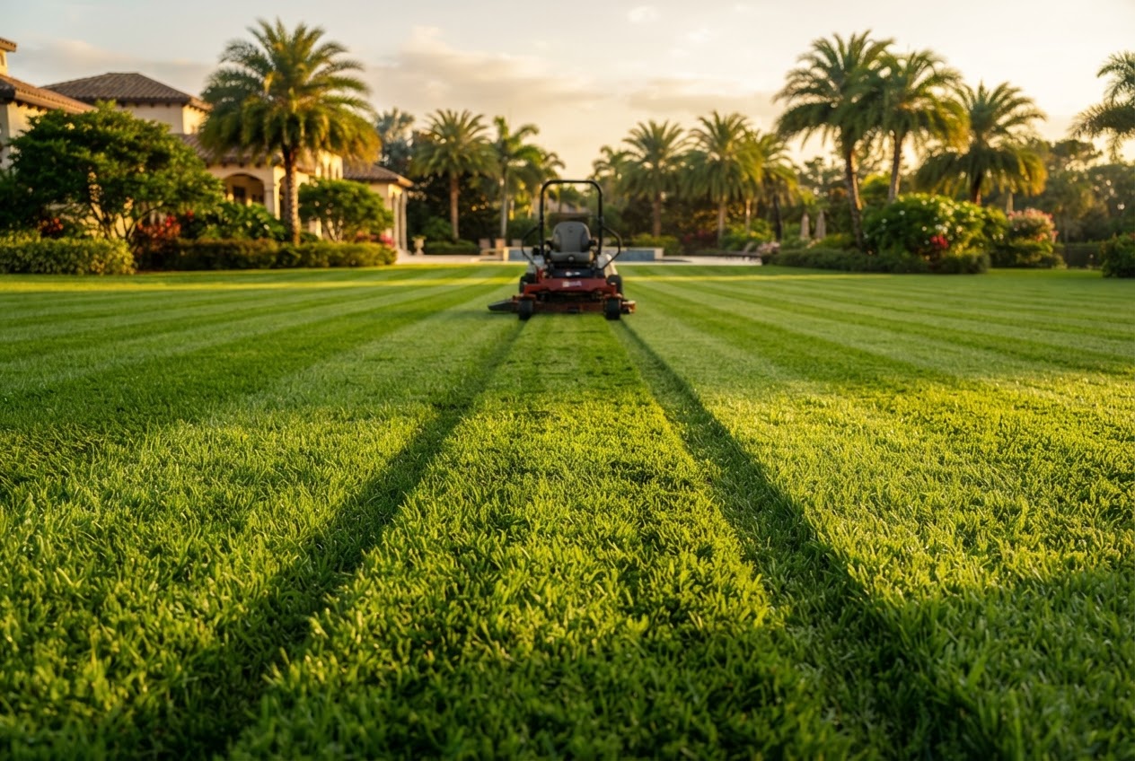 Professional lawn mowing with stripe pattern on lush green grass in Palm Beach County FL