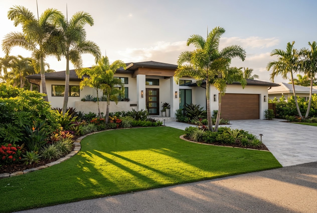 Front yard curb appeal transformation with manicured lawn in Boynton Beach Florida