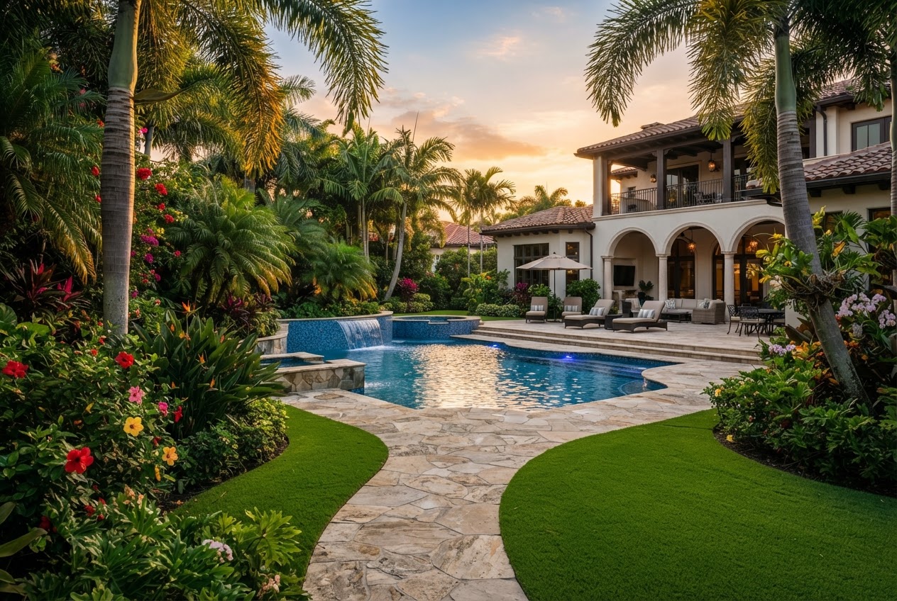 Completed luxury backyard landscape with pool and tropical plants in Wellington Florida