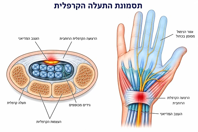 איור אנטומי של תסמונת התעלה הקרפלית - חתך רוחבי של שורש כף היד ומפת הכאב והנימול של העצב המדיאני