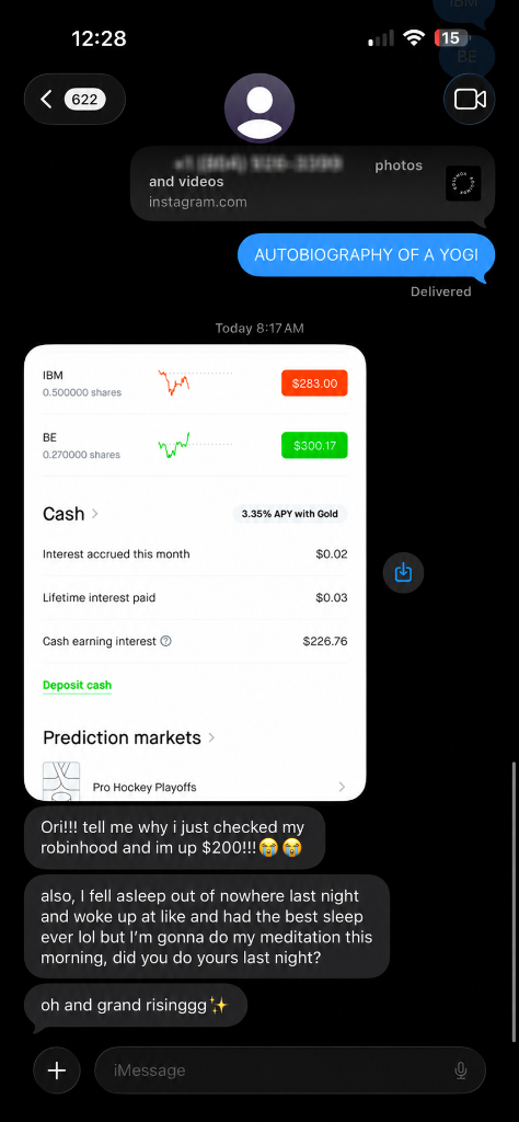 Robinhood portfolio showing IBM and BE positions up $200