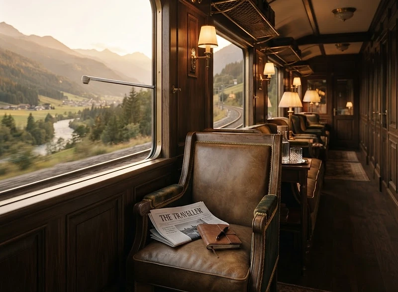 A vintage train carriage at golden hour overlooking mountains