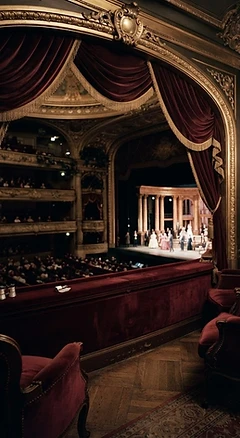 A private opera box overlooking a grand theatre stage