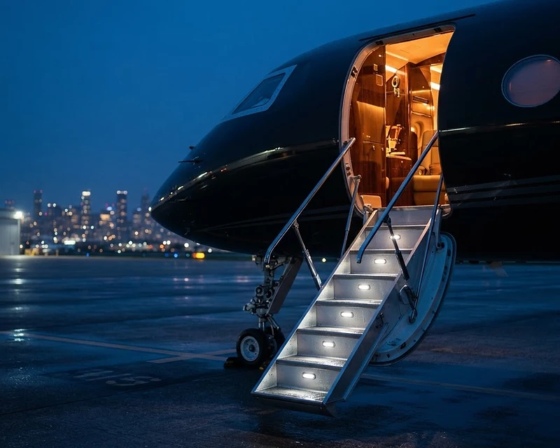 A private jet staircase glowing in twilight