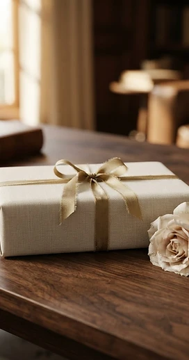 An elegant luxury gift package with a gold ribbon