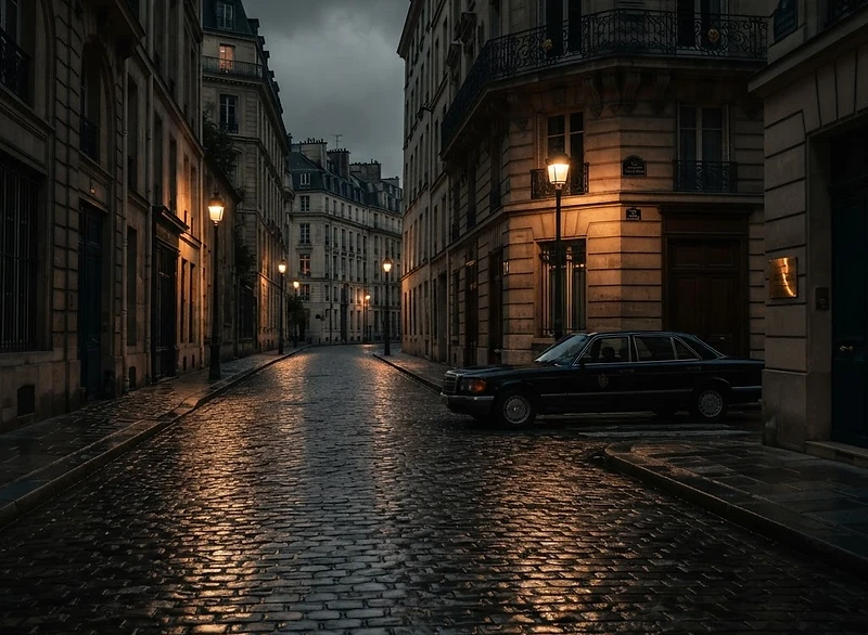 A darkened European city street after midnight