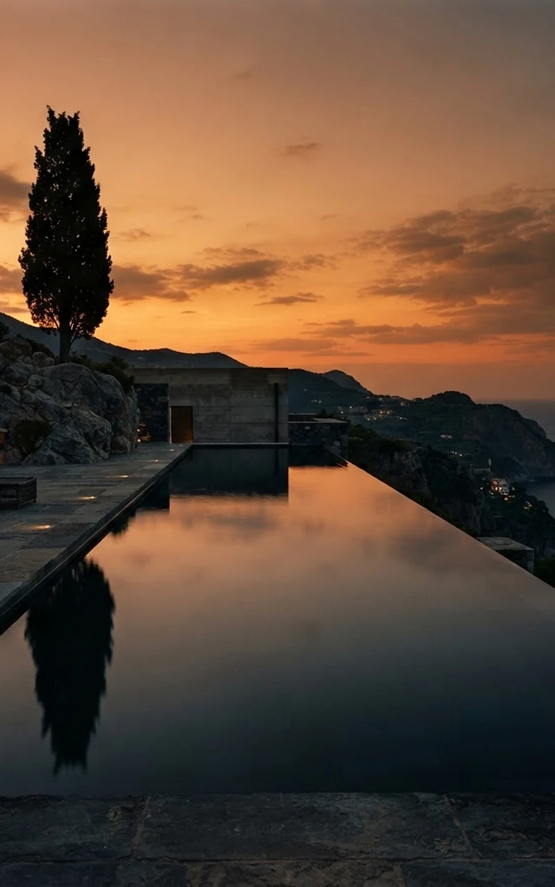 An empty infinity pool reflecting starlight
