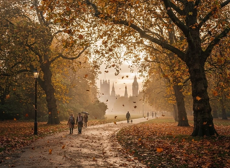 A misty autumn morning in a grand London park with golden falling leaves