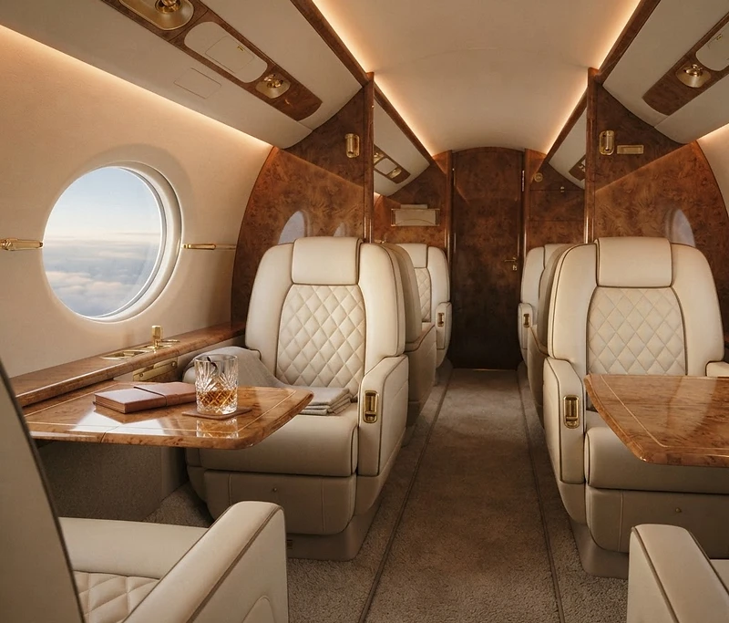 A private jet cabin with plush leather seats