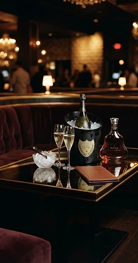 A luxury nightclub VIP area with bottle service tables