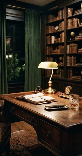 A serene private study at night with warm lamplight