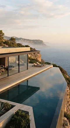A luxury cliffside villa overlooking the sea at dusk