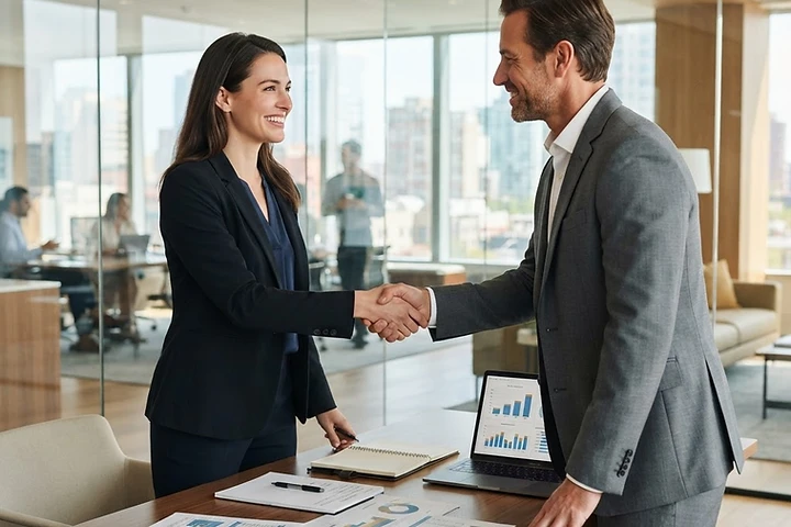 Professionals collaborating transparently around open financial documents
