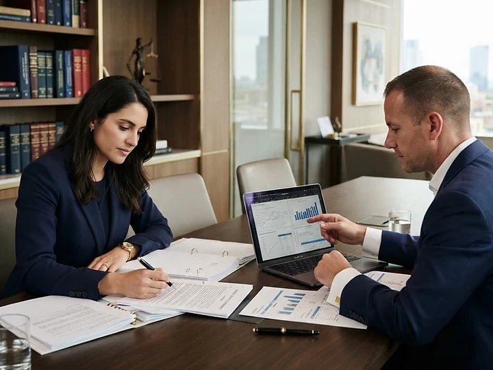 Financial and legal professionals reviewing contracts and financial statements