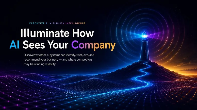 Executive AI Visibility Intelligence: Illuminate How AI Sees Your Company, illustrated with a lighthouse, road, and digital landscape