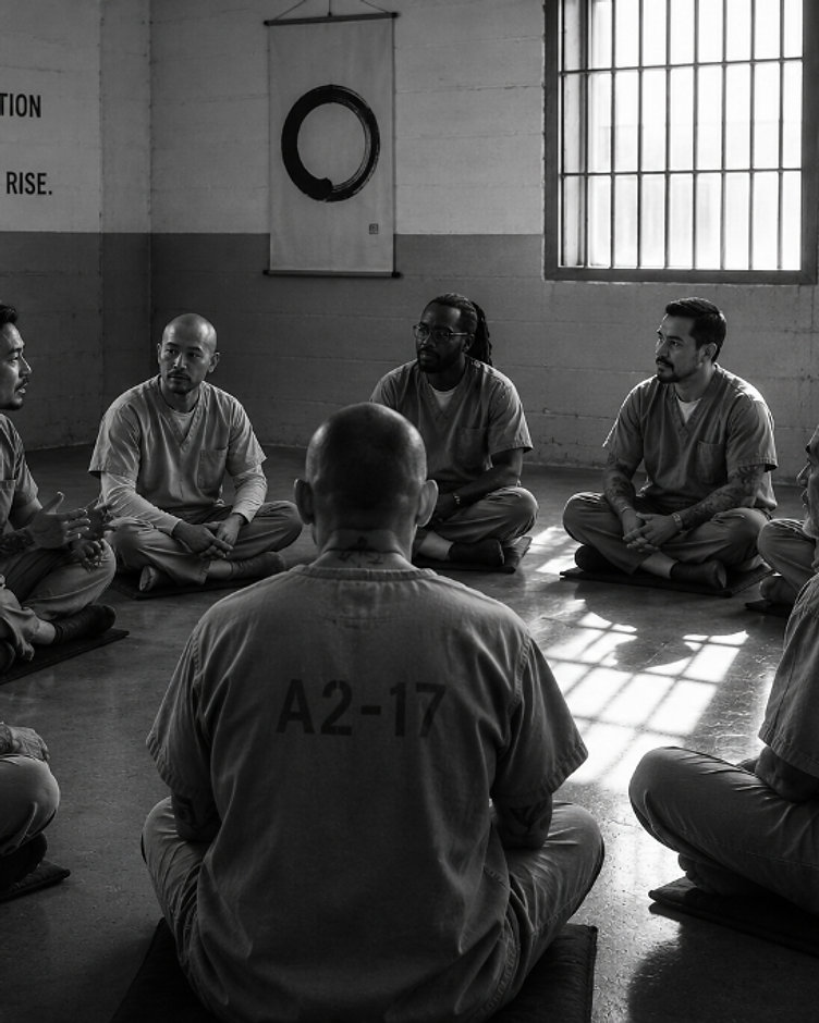 A meditation circle seated inside a correctional facility