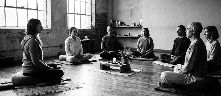 A meditation circle in a sunlit room