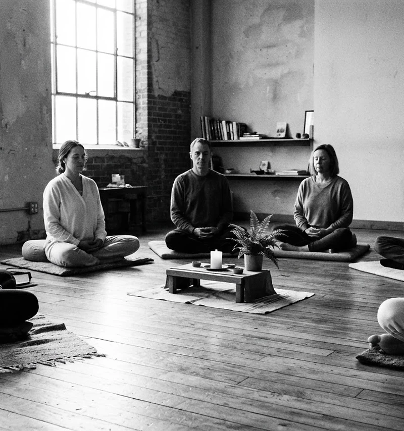 A meditation circle in a sunlit room