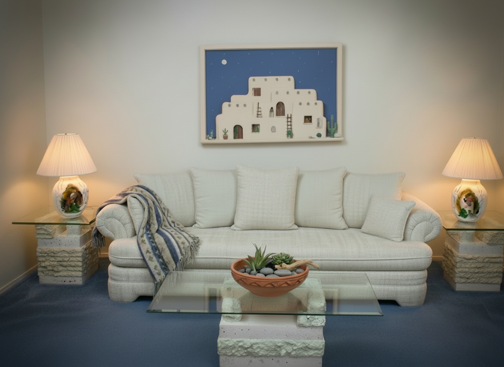 Southwestern interior with handcrafted lamps and adobe wall hangings