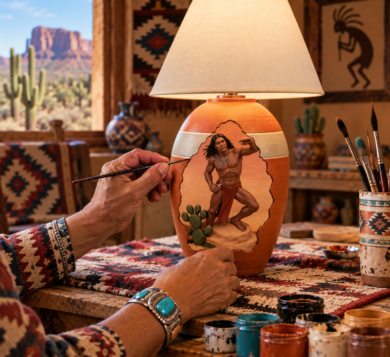 Artisan carefully painting turquoise geometric patterns on a clay lamp base