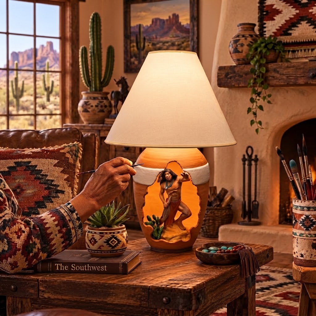 Artisan carefully painting turquoise geometric patterns on a clay lamp base