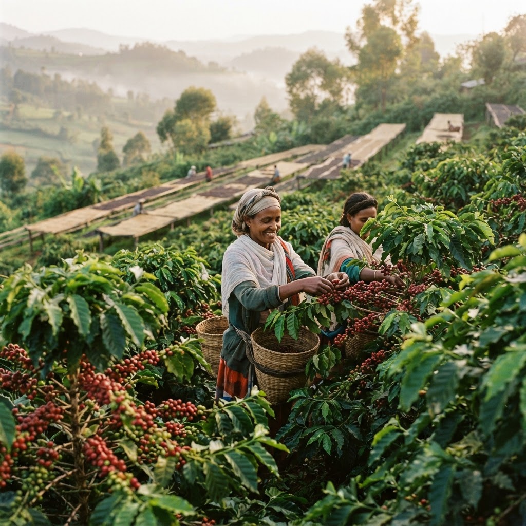 Ethiopian coffee cherries being hand-picked at harvest